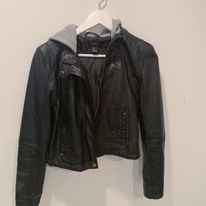 Leather jacket with hood